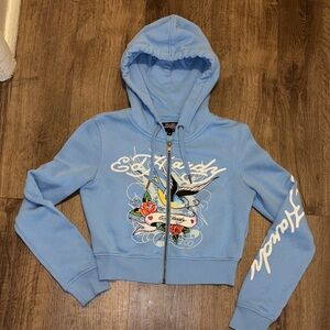 Cropped Ed Hardy Powder Blue Zip-Up Hoodie